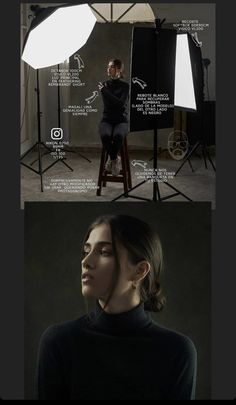 a woman is sitting on a stool in front of a camera and lighting equipment, with the