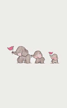 three elephants are walking in the same line with one elephant holding a pink flag and another is