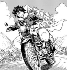 an ink drawing of two people riding on a motorcycle