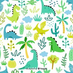 colorful dinosaurs and plants on white background