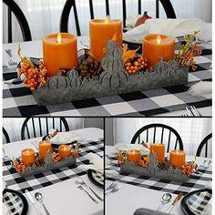 the table is decorated with candles and pumpkins