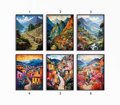 four different paintings with mountains in the background and numbers on each one, which are numbered