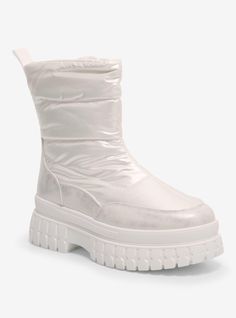 It's giving snow angel. Get ready for winter with these trendy white boots  featuring a white puffer upper design  contrast faux leather framing and thick rubber soles.Listed in women's sizes.Platform: 1 12"Synthetic upper; rubber soleImported Casual White Snow Boots, Winter Streetwear Platform Boots With Padded Ankle, White Snow Boots For Winter, White Boots For Winter Sports, White Synthetic Boots For Winter, White Synthetic Winter Boots, White Winter Platform Boots For Streetwear, White High-top Boots With Thick Bottom, White Platform Boots For Winter Streetwear