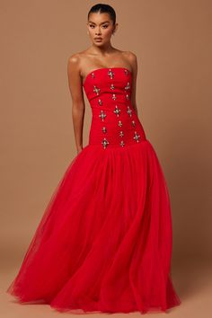 Available In Red And White. Embellished Tulle Gown Strapless Square Neckline Tulle Skirt Hidden Back Zipper Lined Partial Stretch Shell1: 90% Nylon 10% Spandex Shell2: 100% Polyester Lining1: 95% Polyester 5% Spandex Lining2: 100% Polyester Imported | Dinah Embellished Tulle Gown Dress in Red size 3X by Fashion Nova