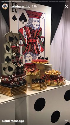 a table topped with cakes and cupcakes on top of a white table cloth