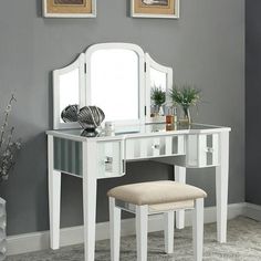 Cyndi CM-DK6361WH Vanity w/ Stool By Furniture Of AmericaBy sofafair.com White Wood Vanity, Bedroom Vanity Set, Large Mirrors, Table Measurements, Padded Stool, Mirror Trim, Traditional Vanity, Transitional Vanity, Mirror Color