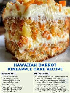 an advertisement for hawaiian carrot pineapple cake recipe