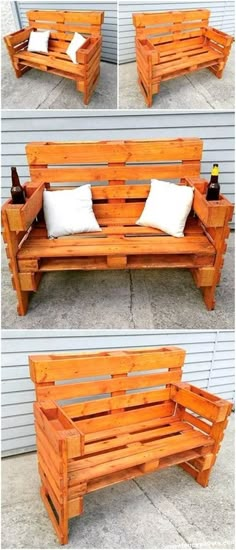 three different pictures of a wooden bench made out of pallets and some white pillows