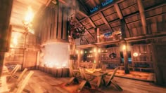 a room filled with wooden furniture and lots of lights on top of the ceiling next to a fire place