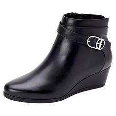 a women's black boot with a metal buckle