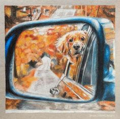 a drawing of a dog looking out the window of a car mirror with fall foliage in the background