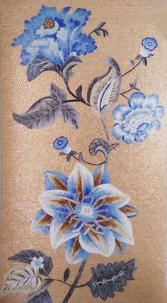 an artistic painting with blue and white flowers