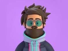 a cartoon character with glasses and a beard wearing a hoodie on a purple background