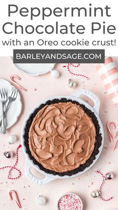 peppermint chocolate pie with an oreo cookie crust in the middle on a pink background