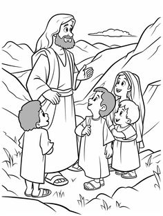 jesus is talking to children in the mountains coloring page for kids, with black and white lines