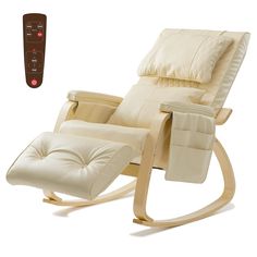 a rocking chair with a remote control in front of the rocker and footrests