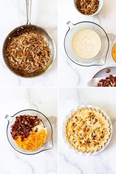 four pictures showing different types of food being made in pans on a marble counter top