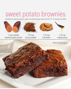 chocolate brownies on a white plate with the words sweet potato brownies above it