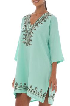 This soft, custom embroidered black boho tunic dress will quickly become your favorite go-to beach dress! Wear it as a swimsuit cover up or a tunic top over leggings. Embroidery accents on the V-neck and hem of this bohemian inspired beach cover up, give it an artistic look of sophistication. Wear it loose or belted. As a flowy sundress, resort wear, or over leggings for everyday wear. Pair it with sandals or flats, and you’ve got a pulled together, stylish look. Comfortable 3/4 length sleeves keep you cool on hot days while providing arm coverage. Side slits at the hem give you ease of movement. Made of 100% soft, breathable rayon, you’ll stay cool and comfortable on hot summer days. Easy to wash and hang dry, it’s perfect for travel. You’ll get so much wear out of this colorful summer dr Sundress Beach, Brown Swimsuit, Flowy Sundress, Boho Tunic Dress, Loungewear Dresses, Tunic Tops Casual, Casual Tunics, Black Boho, Aqua Dress