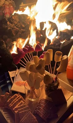 marshmallows and chocolate on sticks in front of a fire