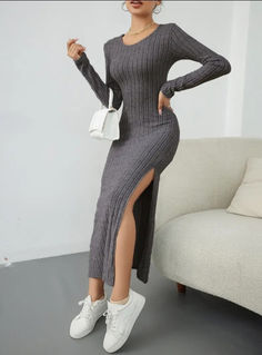 F00257581-304 Long Knitted Dress, Top Wedding Dresses, Bandage Dress Bodycon, Fall Days, Faux Leather Dress, Costume Intero, Split Dress, Maxi Knit Dress, Leather Dresses