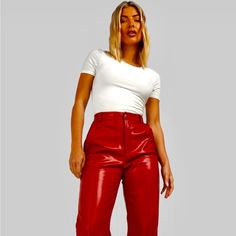 Faux Leather High Waisted Wide Leg Pants Qty: 1 Size: Us Size: 4 Color: Color: Red Red Leather Pants Outfit, Boohoo Outfits, Red Leather Pants, Silver Pants, Leather Pants Outfit, High Waisted Wide Leg Pants, Women's Outfits, Tan Woman, Leather Pant