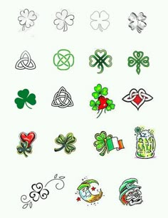 many different shamrocks and symbols on a white background