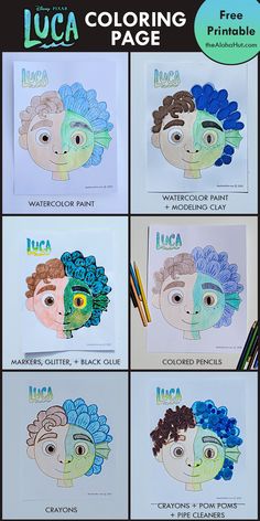 coloring pages for kids with different faces and hair colors, including blue, green, red,