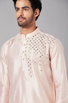 Shop for Hilo Design Peach Dupion Rooyi Mirror Embroidered Kurta for Men Online at Aza Fashions Mirror Work Kurta, Peach Mirror, Embroidery Mirror, Kurta For Men, Mirror Embroidery, Kurta Men, Fancy Blouse, Luxury Sale, Pattern Embroidery