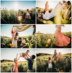 a collage of photos with people in the grass and one woman holding her child