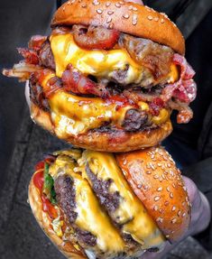 two cheeseburgers stacked on top of each other