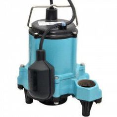 a blue submerst is shown with the pump attached to it's side