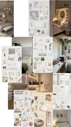 a collage of photos showing different rooms and furniture in white, neutral colors with gold accents