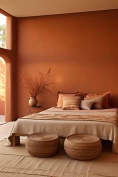 a bedroom with an orange wall and white bed in the center, two stools on either side