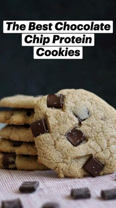 a stack of cookies with chocolate chips on top