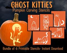 a pumpkin carving stencil with ghost kittys on it and an image of a cat