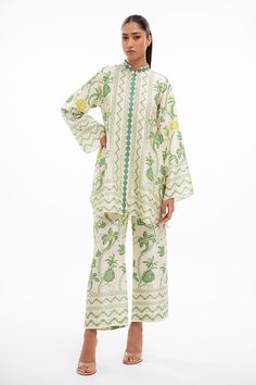 Nia Spring Silk Pant Set With Printed Motifs, Bohemian Floral Print Palazzo Set, Summer Silk Pant Set With Floral Print, Summer Silk Floral Print Pant Set, Spring Silk Embroidered Pant Set, Bohemian Silk Printed Sets, Bohemian Printed Palazzo Set For Festive Occasions, Silk Pant Set With Floral Embroidery, Green Bohemian Sets With Floral Embroidery