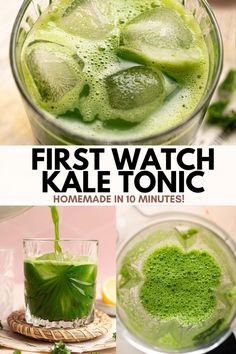 the first watch kale tonic is being poured into a glass with lime slices and mints