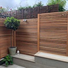 a wooden fence next to a potted plant on the side of a house steps