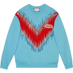 Opulent details, like glimmering feather and drop appliques, wrap around the shoulders of this cotton sweatshirt.Light blue felt cotton jersey with red maxi chevron motif.Embroidered beads.Gucci in SEGA fontCrewneck.Oversize fit.Composition: Cotton 100%Designer Style ID: 469250X9S40Made in Italy. Athleisure Logo, Embroidered Beads, Gucci Sweater, Pull Oversize, Red Maxi, Blue V, Sweater Pullover, Sweater Design, Embroidered Sweatshirts