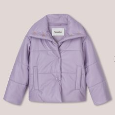 An Iconic Nanushka Style, The Hide Puffer Jacket Is Made From Signature Okobor Alt-Leather In Lilac And Lined In Smooth Satin. It Is Finished With Concealed Snap Fastenings Through The Front And A High-Neck Collar. The Hide Is Designed For An Oversized Fit. Okobor Is Exclusive To Nanushka. Previously Referred To As Vegan Leather, Alt-Leather Is Free From The Use Of Animal Skin Or Derivatives. Lilac Purple; Vegan Leather; High Neck; Front Button Fastening; Two Side Slit Pockets; Drop Shoulder; Lo Lilac Coat, Leather Puffer Jacket, Leather Puffer, Purple Coat, London College Of Fashion, Designer Coats, Orange Jacket, Vegan Leather Jacket, Lilac Color