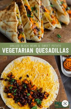 grilled black bean and sweet potato vegetarian quesadillas on a cutting board