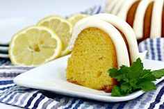 a slice of lemon bundt cake on a plate