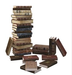 a stack of books sitting next to each other on top of a white floor covered in papers