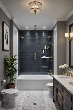 a bathroom with gray walls and white fixtures