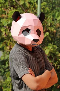 a man wearing a paper panda mask standing in front of some trees with his arms crossed