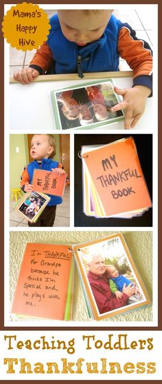 a collage of photos with the words teaching toddlers thanksgiving pictures and an image of a