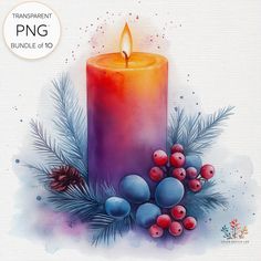 a painting of a candle surrounded by berries and pine cones