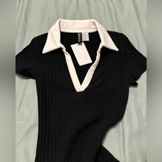 Nwt! Black Ribbed Mini Dress (Length: 30 In) White Collar V-Neck Comfy And Stretchy Material H&m Black V-neck Dress, Black Ribbed V-neck Dress, H&m V-neck Top For Night Out, H&m Black Collared Top, Black Collared H&m Tops, Women's Black Dress, Y2k Goth, Dress H&m, Ribbed Mini Dress