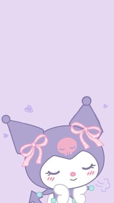 a cartoon cat with a pink bow on her head and purple hair, sitting in front of a light purple background